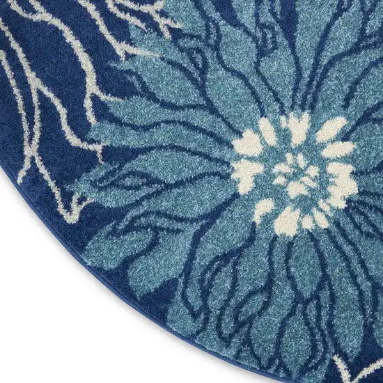 5' Blue And Ivory Floral Round Rug Photo 9
