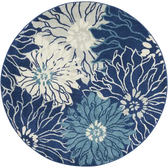 5' Blue And Ivory Floral Round Rug Photo 3
