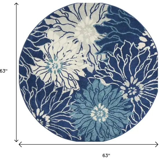 5' Blue And Ivory Floral Round Rug Photo 8