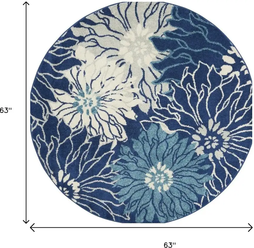 5' Blue And Ivory Floral Round Rug Photo 8
