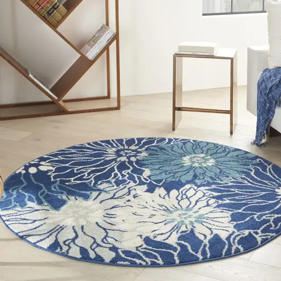 5' Blue And Ivory Floral Round Rug Photo 4