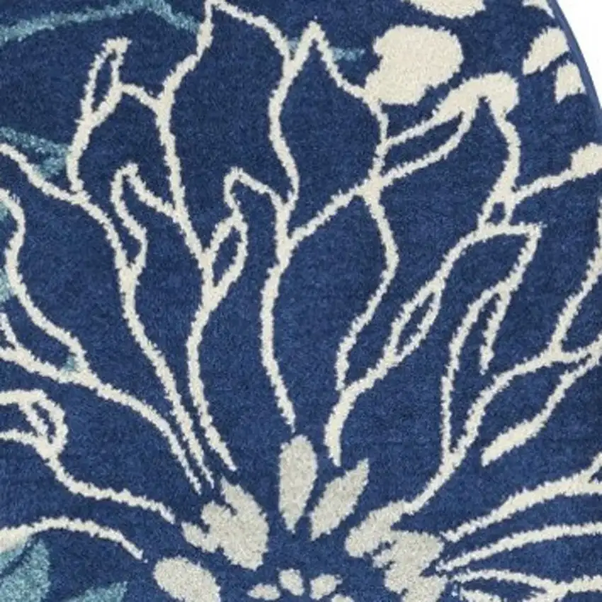 5' Blue And Ivory Floral Round Rug Photo 2
