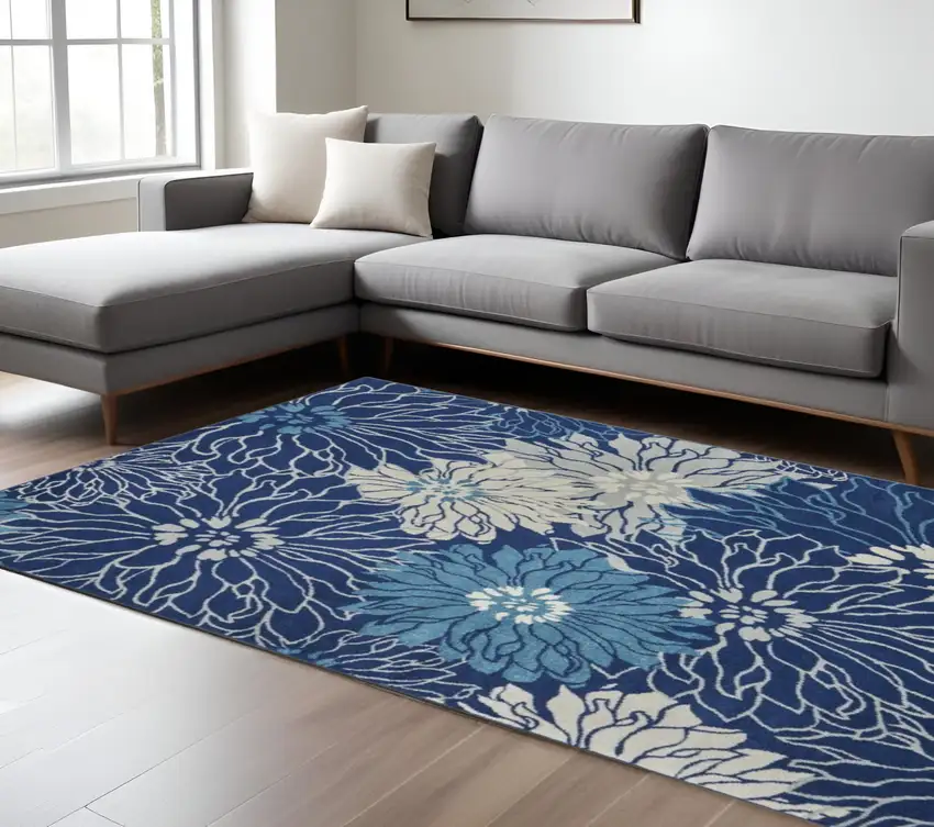 Blue And Ivory Floral Area Rug Photo 2