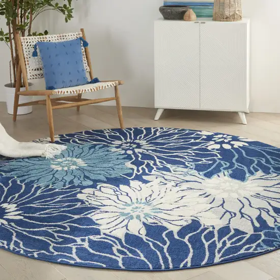 8' Blue And Ivory Floral Round Rug Photo 5