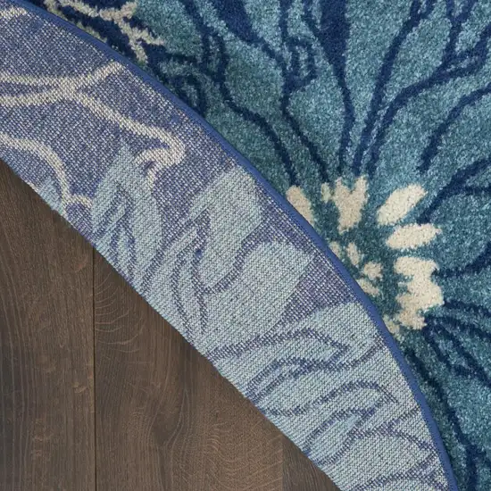 8' Blue And Ivory Floral Round Rug Photo 9
