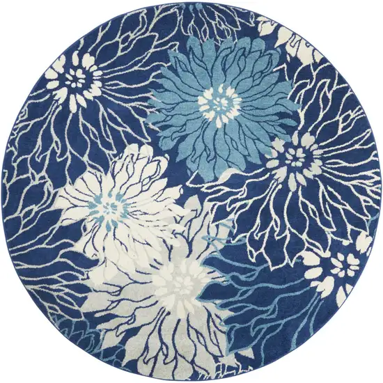 8' Blue And Ivory Floral Round Rug Photo 4
