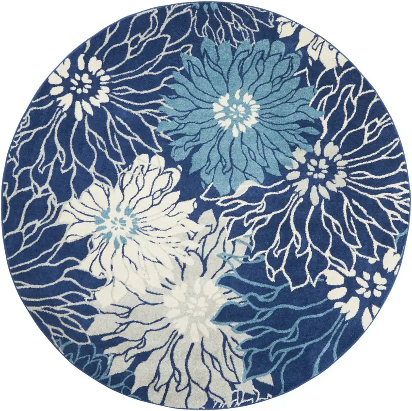 8' Blue And Ivory Floral Round Rug Photo 4