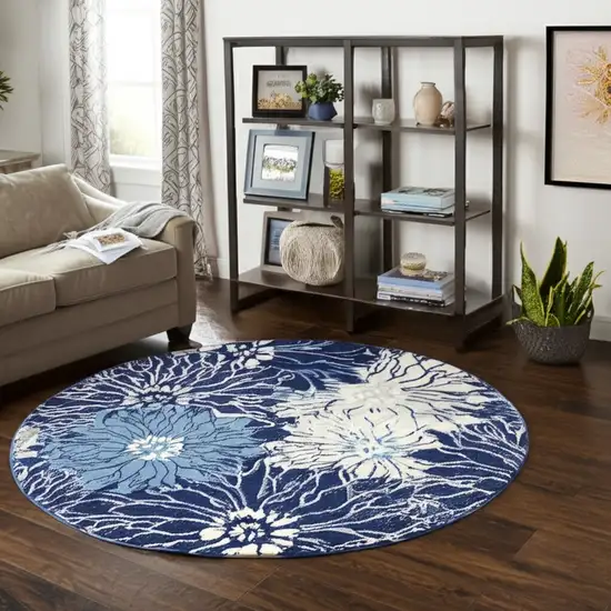 8' Blue And Ivory Floral Round Rug Photo 1