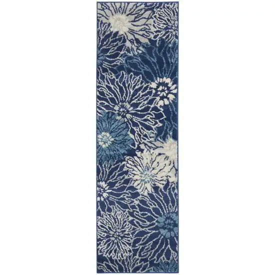 6' Blue And Ivory Floral Runner Rug Photo 8