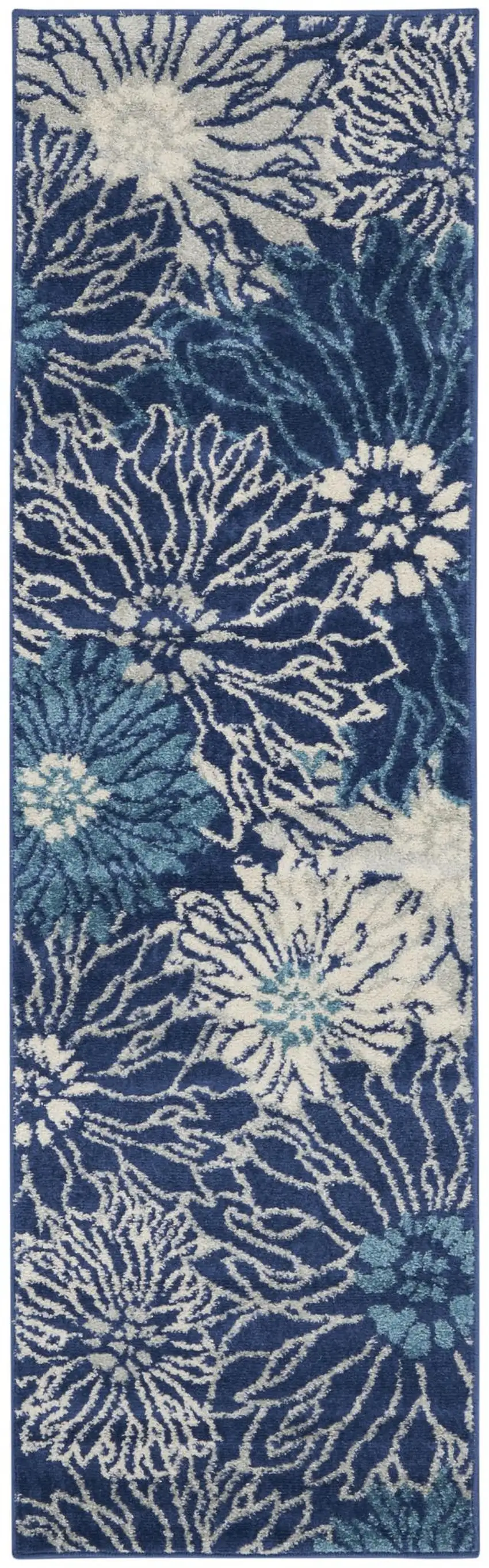 6' Blue And Ivory Floral Runner Rug Photo 8