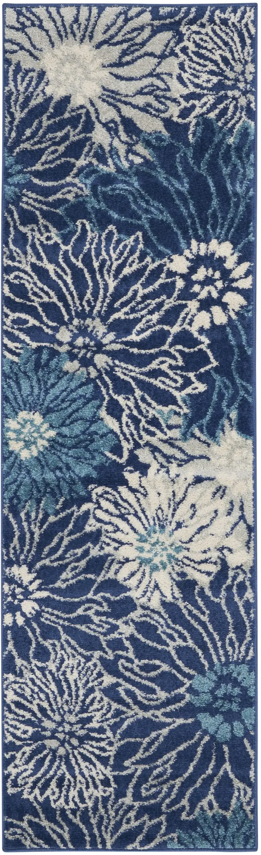Navy and Ivory Floral Runner Rug Photo 1