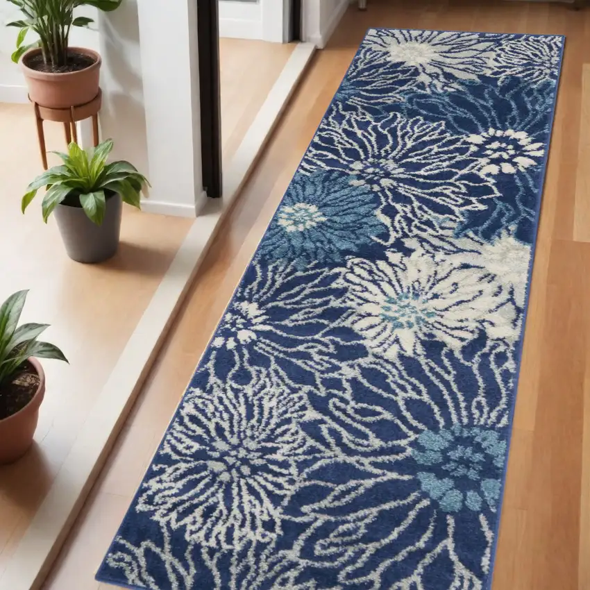 6' Blue And Ivory Floral Runner Rug Photo 2