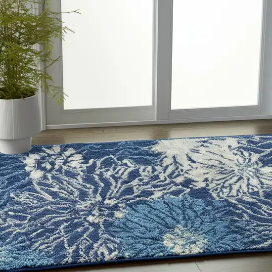 6' Blue And Ivory Floral Runner Rug Photo 1