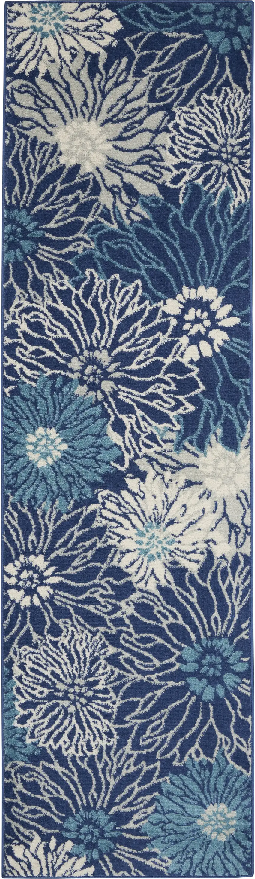 8' Blue And Ivory Floral Runner Rug Photo 1