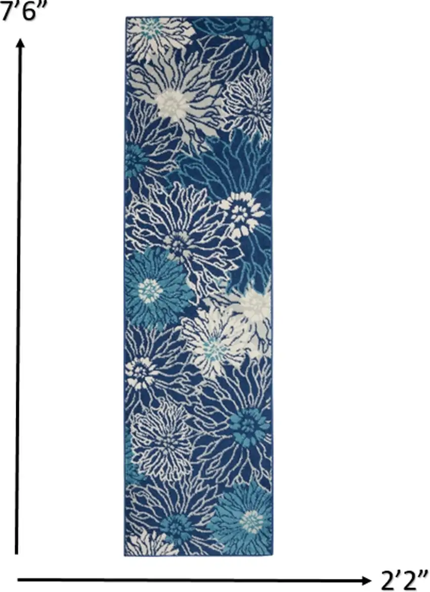 Navy and Ivory Floral Runner Rug Photo 5
