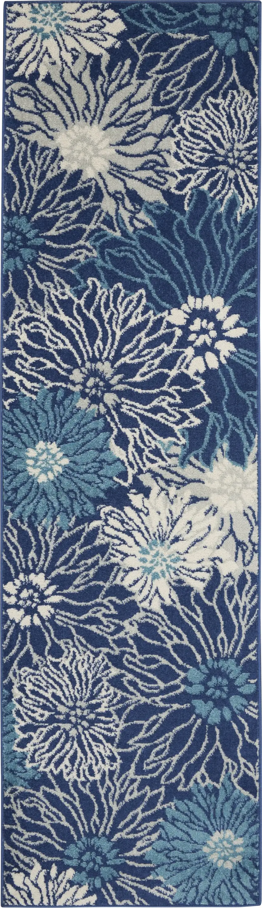 Navy and Ivory Floral Runner Rug Photo 1