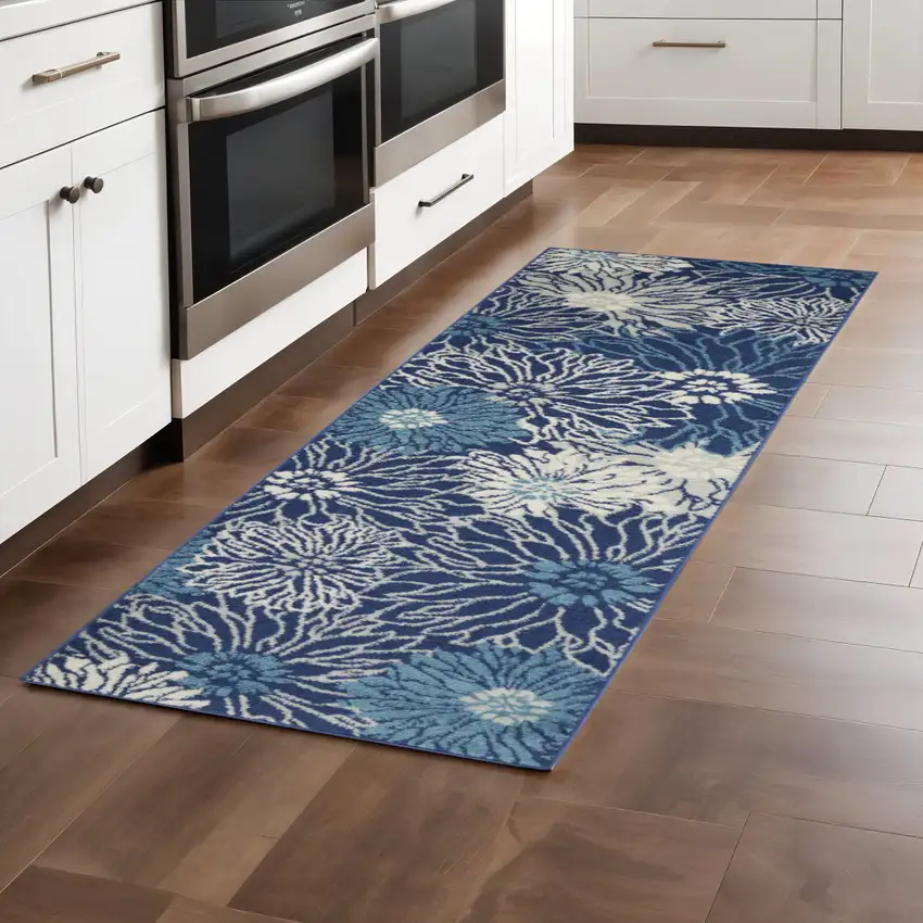 8' Blue And Ivory Floral Runner Rug Photo 2