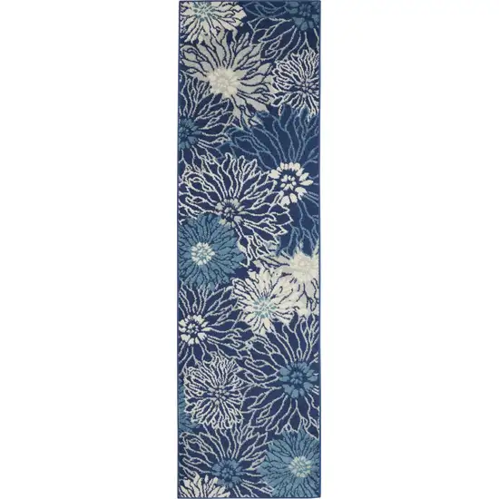 8' Blue And Ivory Floral Runner Rug Photo 8