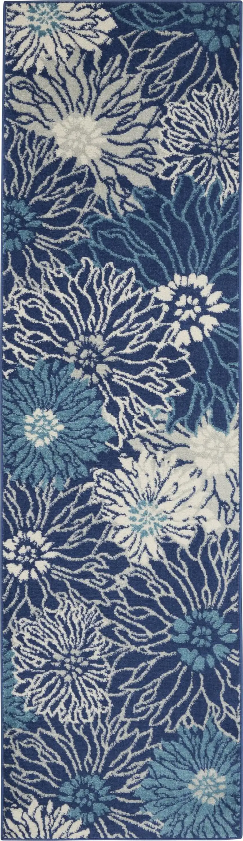 8' Blue And Ivory Floral Runner Rug Photo 8