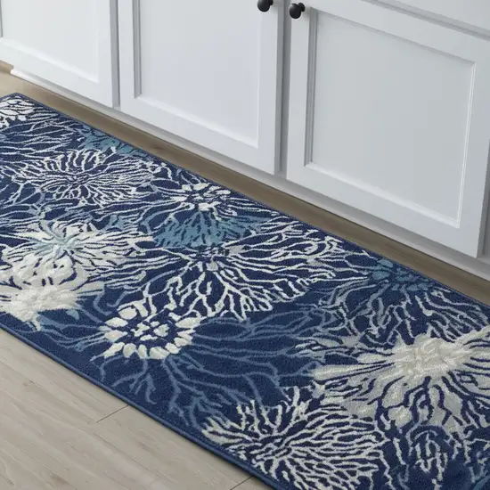 8' Blue And Ivory Floral Runner Rug Photo 2