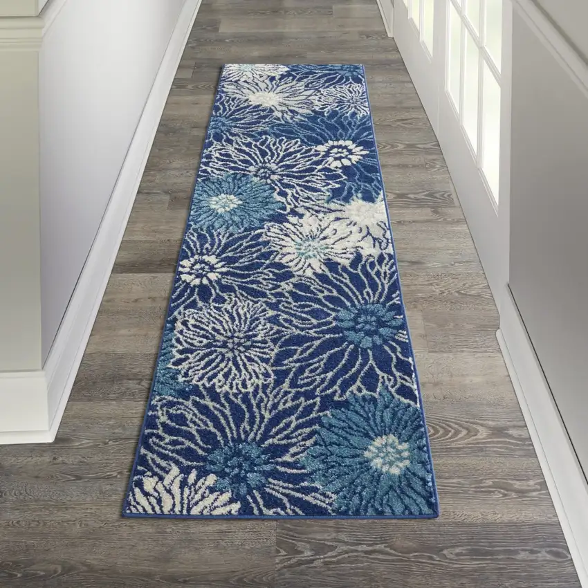 Navy and Ivory Floral Runner Rug Photo 6