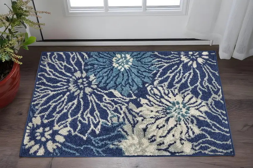 Blue And Ivory Floral Area Rug Photo 2