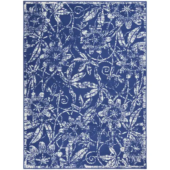 Navy Blue And Ivory Floral Distressed Area Rug Photo 6