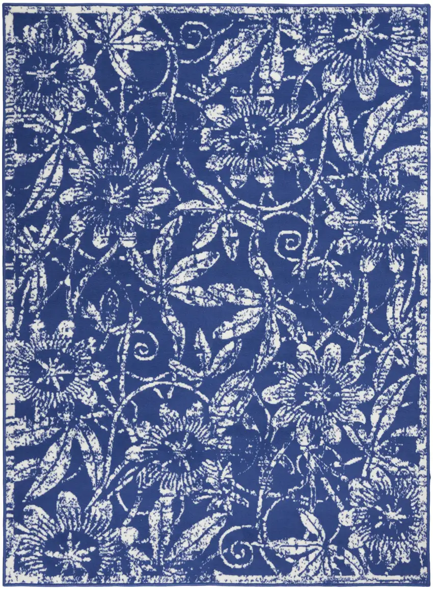 Navy Blue And Ivory Floral Distressed Area Rug Photo 6