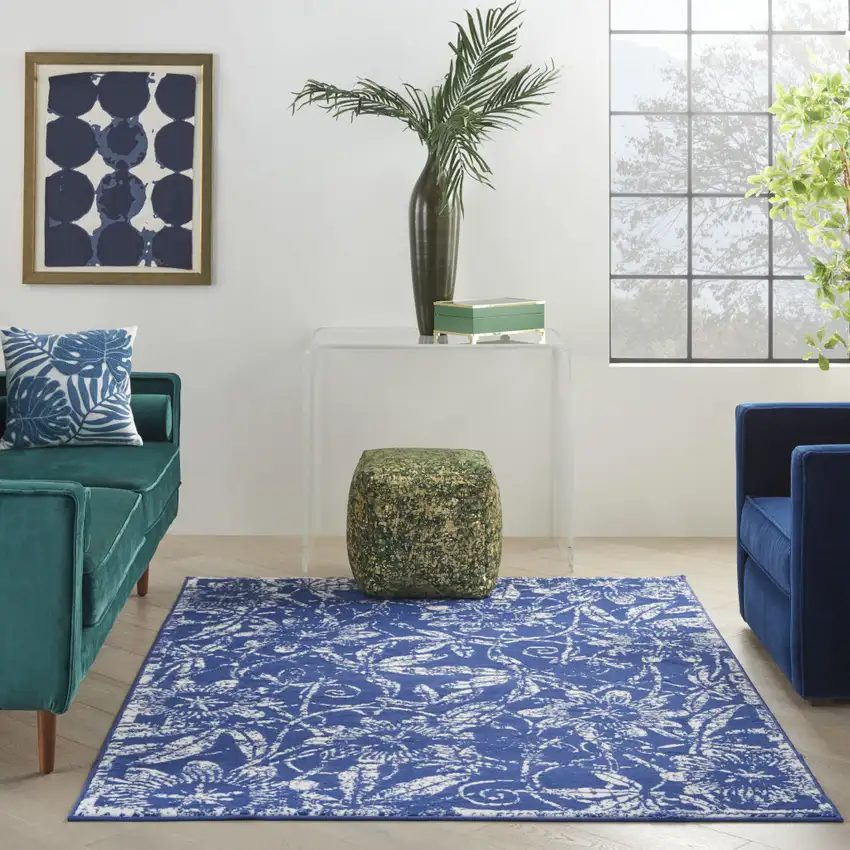 Ivory And Blue Floral Vines Distressed Area Rug Photo 6