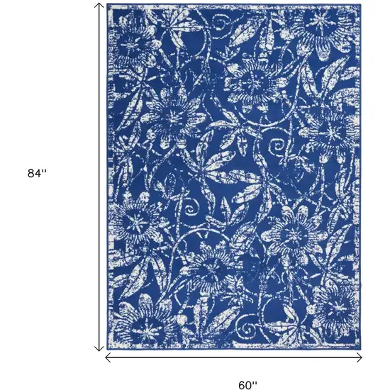 Ivory And Blue Floral Vines Distressed Area Rug Photo 9