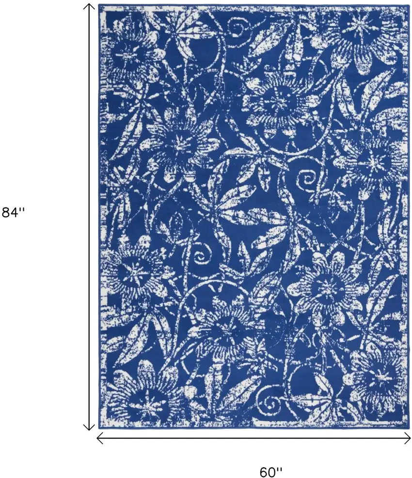 Ivory And Blue Floral Vines Distressed Area Rug Photo 9