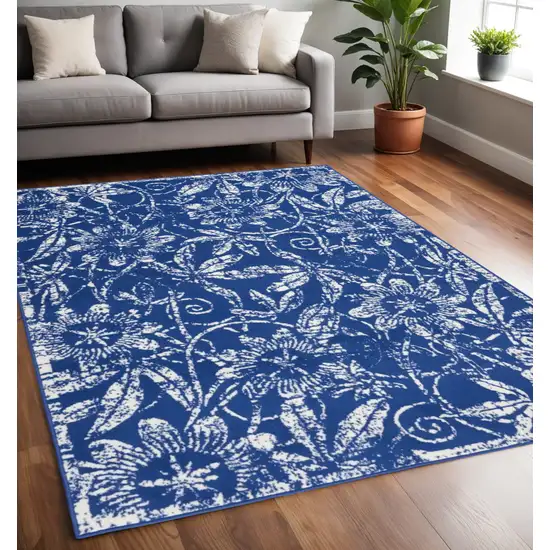 Ivory And Blue Floral Vines Distressed Area Rug Photo 2