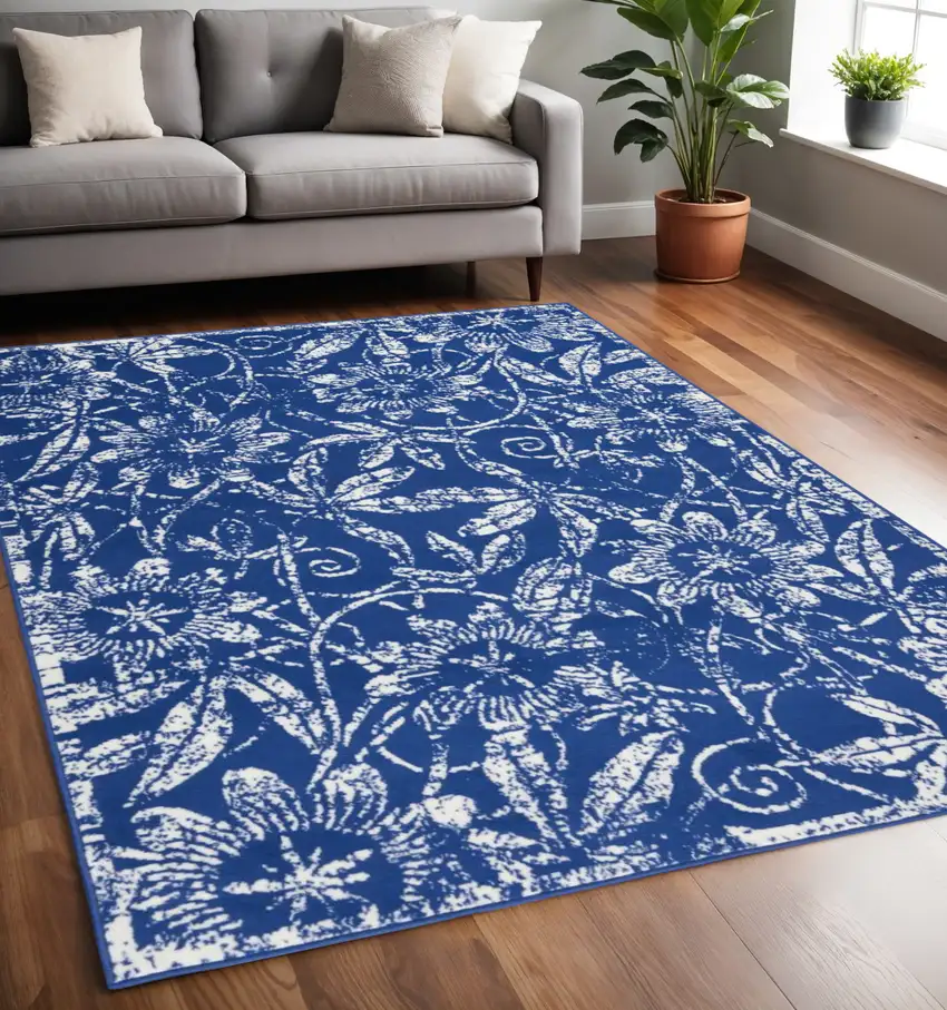 Ivory And Blue Floral Vines Distressed Area Rug Photo 2
