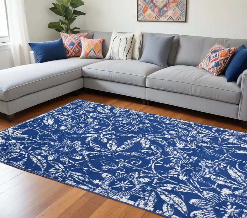 Navy Blue Floral Dhurrie Area Rug Photo 1