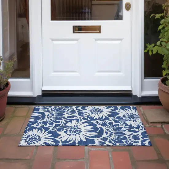 Navy and Ivory Floral Washable Non Skid Indoor Outdoor Area Rug Photo 7