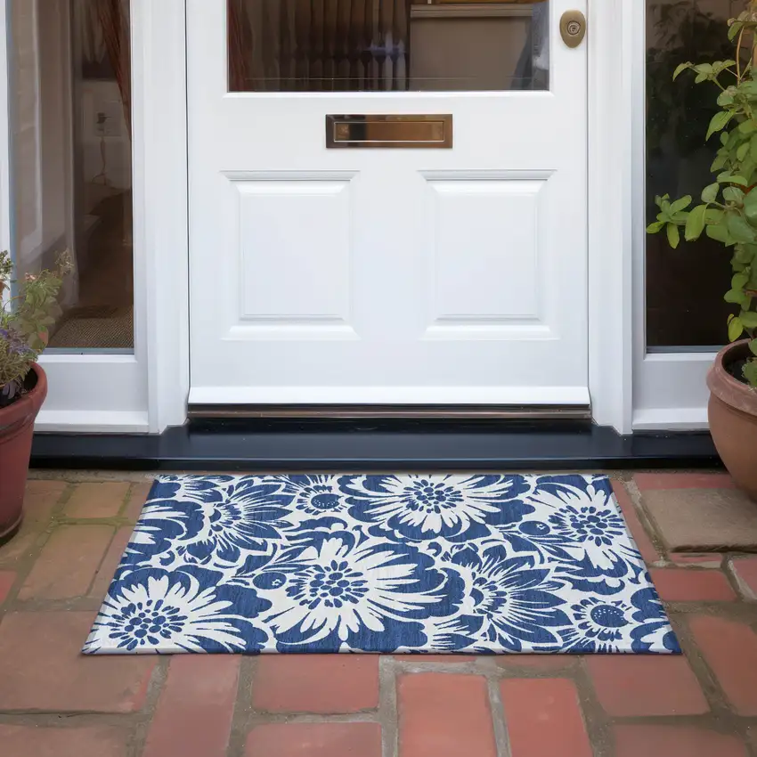 Navy and Ivory Floral Washable Non Skid Indoor Outdoor Area Rug Photo 7