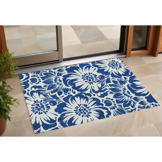 Navy and Ivory Floral Washable Non Skid Indoor Outdoor Area Rug Photo 2