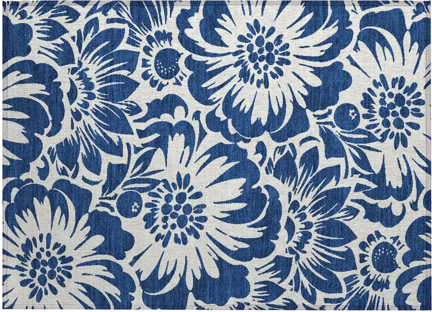 Navy and Ivory Floral Washable Non Skid Indoor Outdoor Area Rug Photo 1