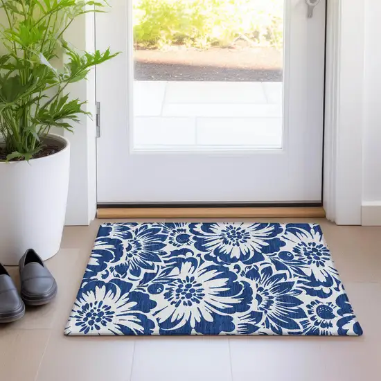 Navy and Ivory Floral Washable Non Skid Indoor Outdoor Area Rug Photo 8