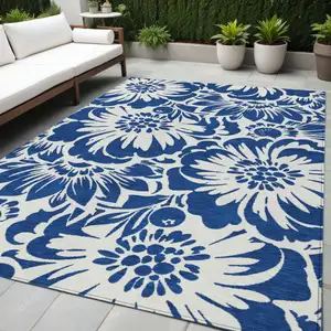 Photo of Navy and Ivory Floral Washable Non Skid Indoor Outdoor Area Rug