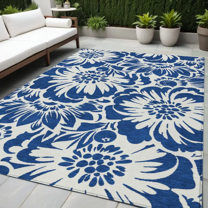 Navy and Ivory Floral Washable Non Skid Indoor Outdoor Area Rug Photo 1