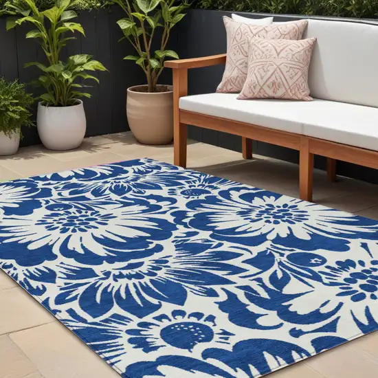 Navy and Ivory Floral Washable Non Skid Indoor Outdoor Area Rug Photo 1
