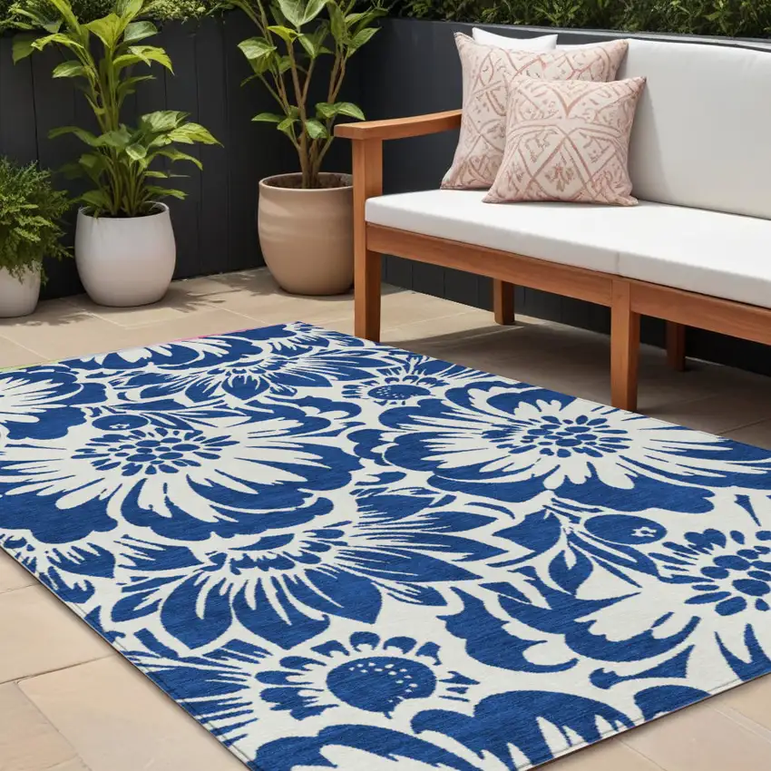 Navy and Ivory Floral Washable Non Skid Indoor Outdoor Area Rug Photo 1