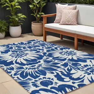 Photo of Navy and Ivory Floral Washable Non Skid Indoor Outdoor Area Rug