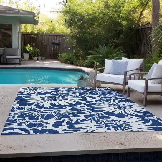Navy and Ivory Floral Washable Non Skid Indoor Outdoor Area Rug Photo 9