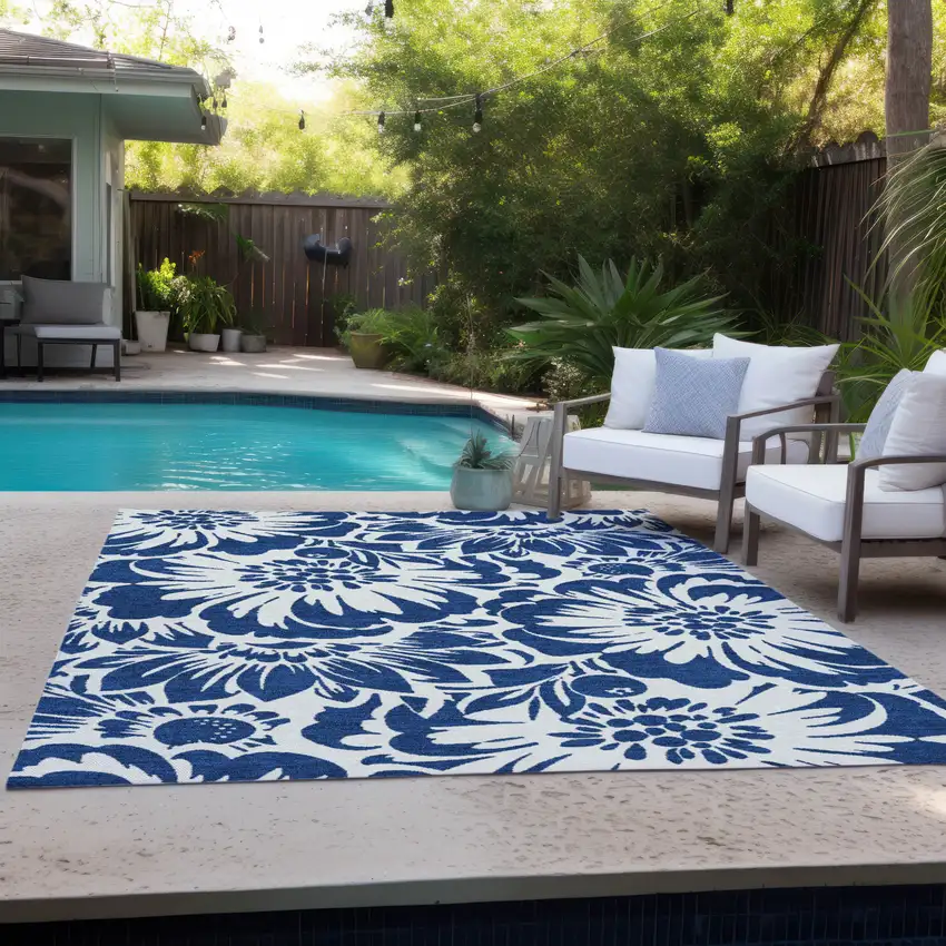 Navy and Ivory Floral Washable Non Skid Indoor Outdoor Area Rug Photo 9