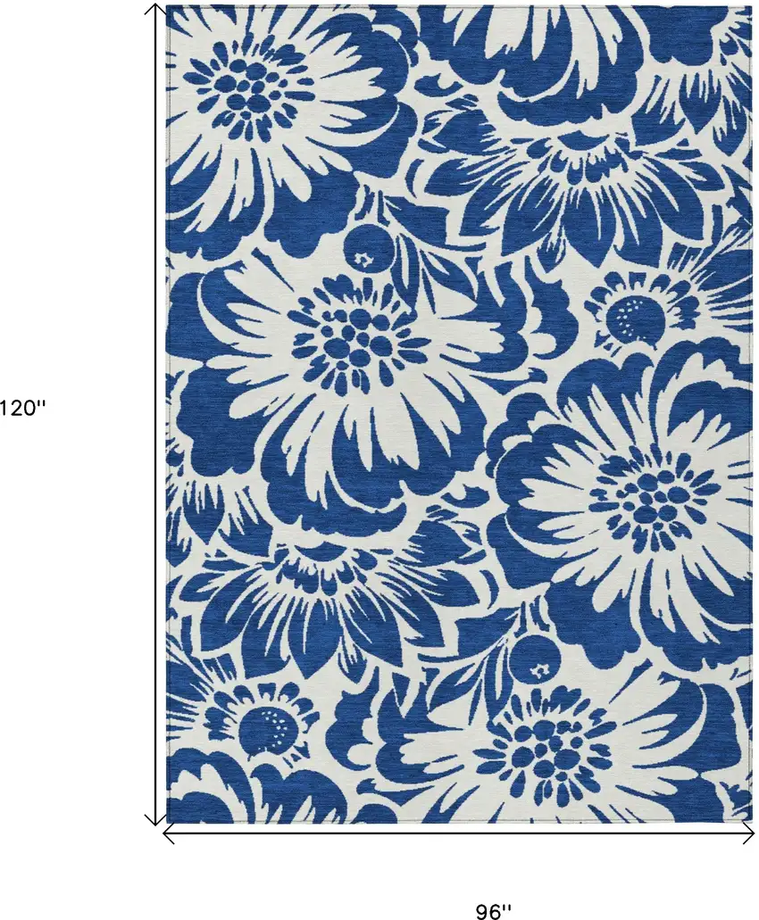 Navy and Ivory Floral Washable Non Skid Indoor Outdoor Area Rug Photo 3