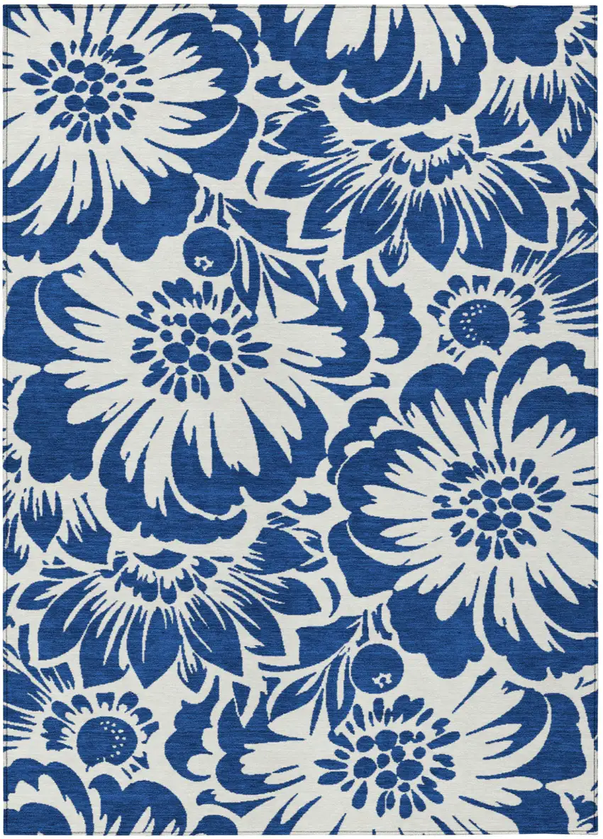 Navy and Ivory Floral Washable Non Skid Indoor Outdoor Area Rug Photo 2