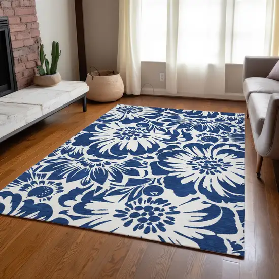 Navy and Ivory Floral Washable Non Skid Indoor Outdoor Area Rug Photo 8