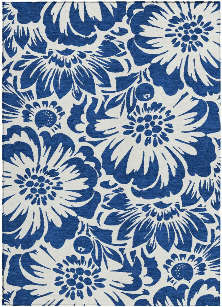 Navy and Ivory Floral Washable Non Skid Indoor Outdoor Area Rug Photo 2